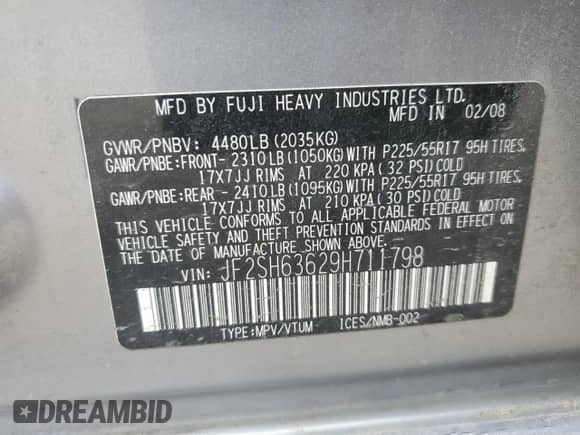 2009 Subaru Forester X with VIN JF2SH63629H711798, listed as a Copart auction lot 80114475 with 187,670 mi miles and Salvage title. Bid and sale history available at DreamBid. Image 12.