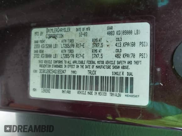 2004 Dodge 2500 SLT with VIN 3D3KU28C54G165347, listed as a IAAI auction lot 41378509 with 192,044 mi miles and . Bid and sale history available at DreamBid. Image 9.