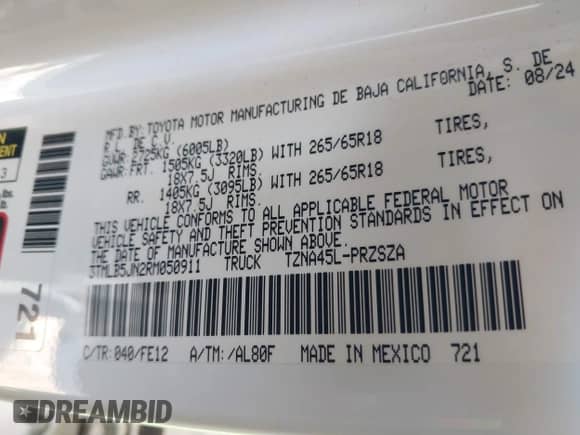 2024 Toyota Tacoma SR5 with VIN 3TMLB5JN2RM050911, listed as a IAAI auction lot 43169415 with 19,000 mi miles and . Bid and sale history available at DreamBid. Image 9.