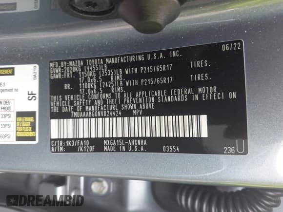 2022 Toyota Corolla Cross L with VIN 7MUAAABG0NV024424, listed as a IAAI auction lot 42261227 with 20,171 mi miles and . Bid and sale history available at DreamBid. Image 9.