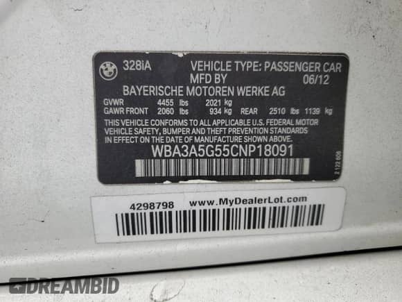 2012 BMW 3 Series 328i с VIN WBA3A5G55CNP18091, выставлен на аукционе Copart как лот 84557665 с пробегом 84 483 миль миль и Списание • Salvage title. История ставок и продаж доступна на DreamBid. Изображение 13.