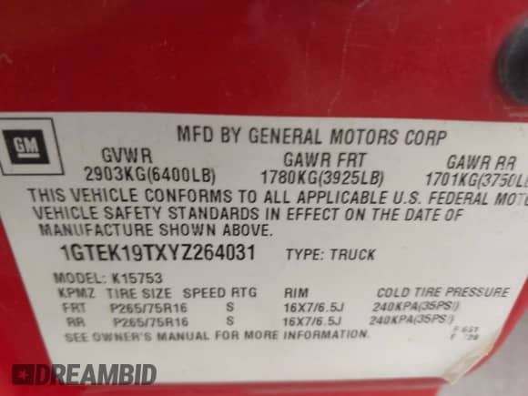 2000 GMC Sierra 1500 SLE z VIN 1GTEK19TXYZ264031, wystawiony jako IAAI lot #42855983 z przebiegiem 189 437 mil mil oraz . Historia ofert i sprzedaży dostępna na DreamBid. Obrazek 9.