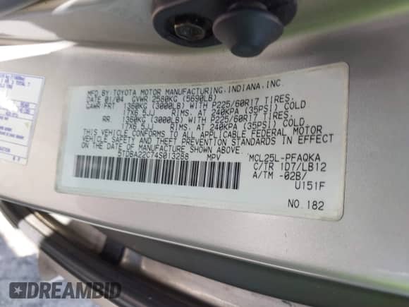 2004 Toyota Sienna XLE z VIN 5TDBA22C74S013288, wystawiony jako IAAI lot #42797623 z przebiegiem 118 746 mil mil oraz . Historia ofert i sprzedaży dostępna na DreamBid. Obrazek 9.