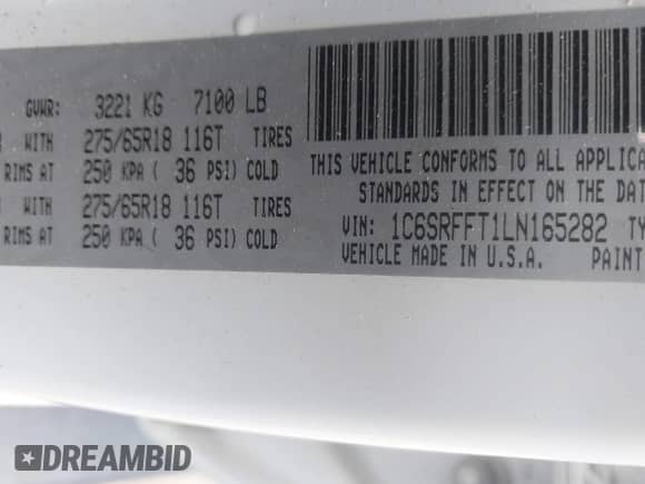 2020 Ram 1500 Big Horn z VIN 1C6SRFFT1LN165282, wystawiony jako IAAI lot #43081456 z przebiegiem 91 982 mil mil oraz . Historia ofert i sprzedaży dostępna na DreamBid. Obrazek 9.