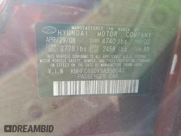 2009 Hyundai Azera GLS with VIN KMHFC46DX9A358647, listed as a Copart auction lot 82385515 with 157,374 mi miles and Salvage title. Bid and sale history available at DreamBid. Image 12.