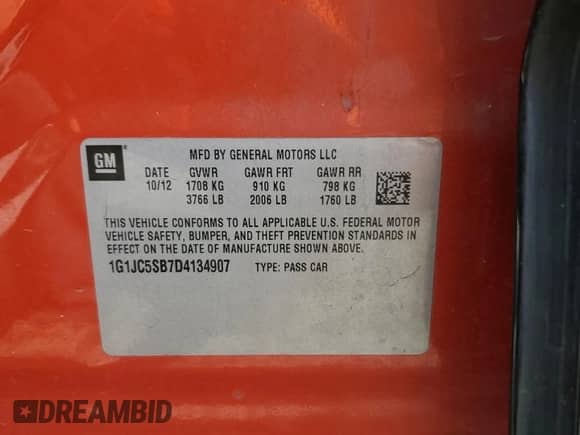 2013 Chevrolet Sonic LT with VIN 1G1JC5SB7D4134907, listed as a Copart auction lot 70956135 with Not provided miles and Salvage title. Bid and sale history available at DreamBid. Image 12.