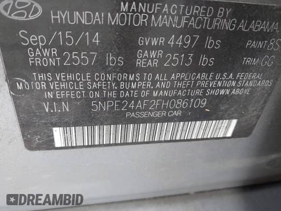 2015 Hyundai Sonata SE z VIN 5NPE24AF2FH086109, wystawiony jako IAAI lot #43538303 z przebiegiem 176 354 mil mil oraz . Historia ofert i sprzedaży dostępna na DreamBid. Obrazek 9.