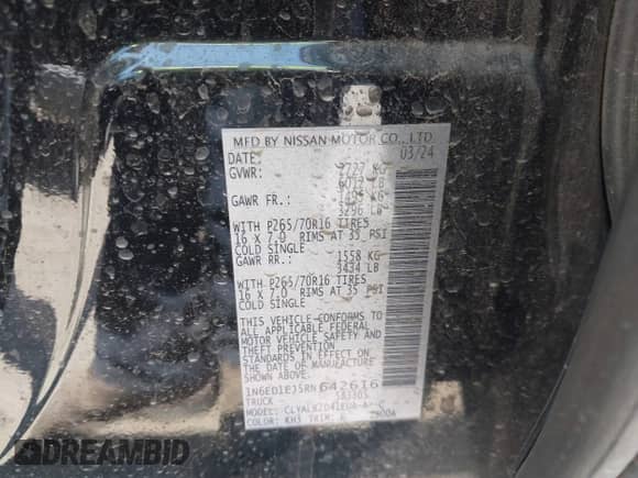 2024 Nissan Frontier SV with VIN 1N6ED1EJ5RN642616, listed as a IAAI auction lot 42799728 with 26,494 mi miles and . Bid and sale history available at DreamBid. Image 9.