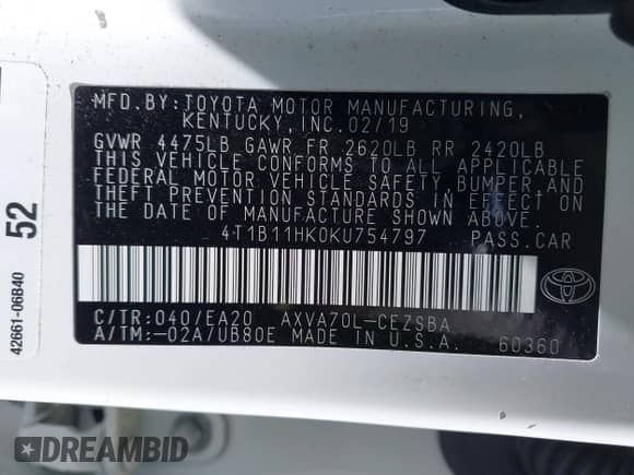 2019 Toyota Camry LE с VIN 4T1B11HK0KU754797, выставлен на аукционе IAAI как лот 42032914 с пробегом 93 862 миль миль и . История ставок и продаж доступна на DreamBid. Изображение 9.