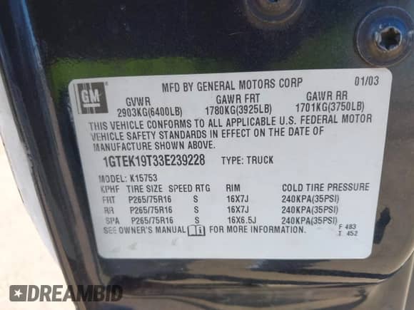 2003 GMC Sierra 1500 SLE с VIN 1GTEK19T33E239228, выставлен на аукционе IAAI как лот 41419065 с пробегом Не указан миль и . История ставок и продаж доступна на DreamBid. Изображение 9.