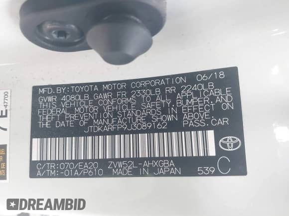 2018 Toyota Prius Plus z VIN JTDKARFP9J3089162, wystawiony jako IAAI lot #42544642 z przebiegiem 50 746 mil mil oraz . Historia ofert i sprzedaży dostępna na DreamBid. Obrazek 9.