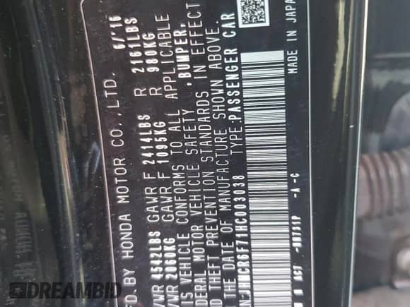 2017 Honda Accord Touring with VIN JHMCR6F71HC003038, listed as a Copart auction lot 69660985 with 135,588 mi miles and Salvage title. Bid and sale history available at DreamBid. Image 12.