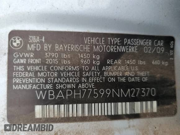 2009 BMW 3 Series 328i с VIN WBAPH77599NM27370, выставлен на аукционе Copart как лот 82759675 с пробегом Не указан миль и Чистый • Clean title. История ставок и продаж доступна на DreamBid. Изображение 13.