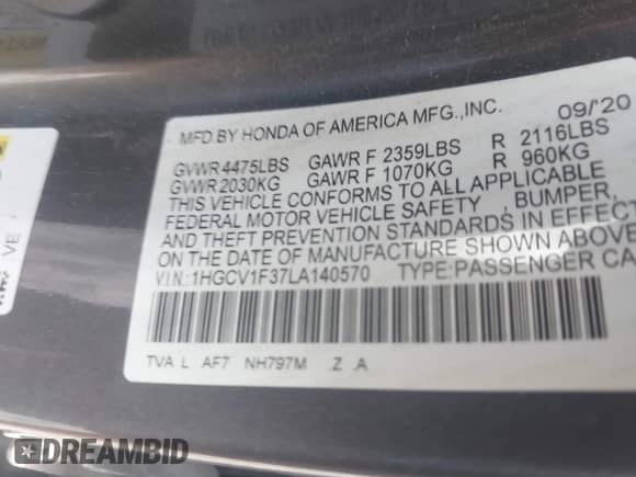 2020 Honda Accord Sport with VIN 1HGCV1F37LA140570, listed as a IAAI auction lot 43097260 with 177,000 mi miles and . Bid and sale history available at DreamBid. Image 9.