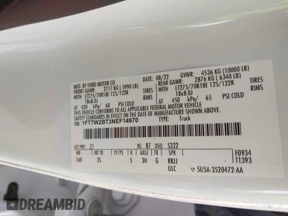 2022 Ford F-250 XL with VIN 1FT7W2BT3NEF14970, listed as a IAAI auction lot 43517087 with 34,043 mi miles and . Bid and sale history available at DreamBid. Image 9.