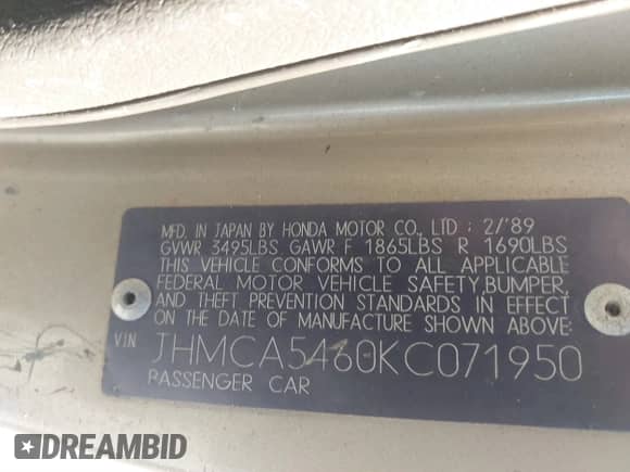 1989 Honda Accord с VIN JHMCA5460KC071950, выставлен на аукционе IAAI как лот 41899766 с пробегом 161 979 миль миль и . История ставок и продаж доступна на DreamBid. Изображение 9.