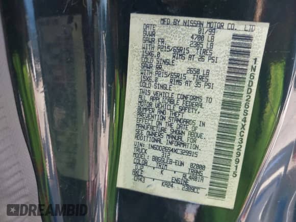 1999 Nissan Frontier XE с VIN 1N6DD26S4XC329915, выставлен на аукционе IAAI как лот 43063501 с пробегом 244 354 миль миль и . История ставок и продаж доступна на DreamBid. Изображение 9.