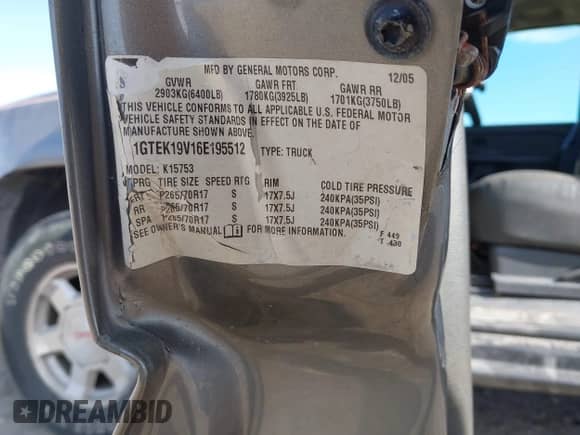 2006 GMC Sierra 1500 SLE with VIN 1GTEK19V16E195512, listed as a IAAI auction lot 43196334 with 230,062 mi miles and . Bid and sale history available at DreamBid. Image 9.