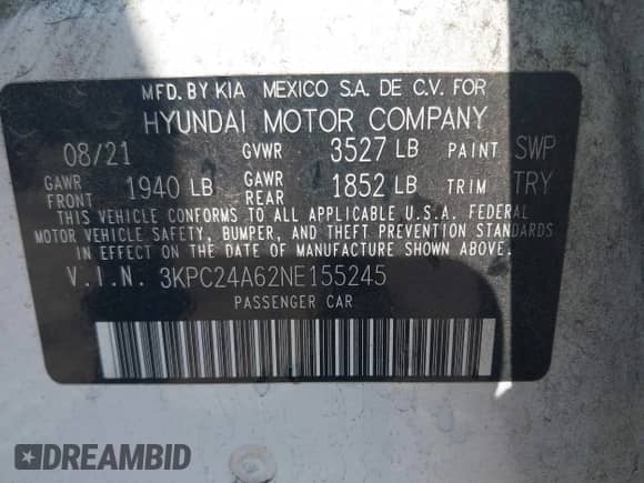 2022 Hyundai Accent SE with VIN 3KPC24A62NE155245, listed as a IAAI auction lot 43225613 with 83,942 mi miles and . Bid and sale history available at DreamBid. Image 9.