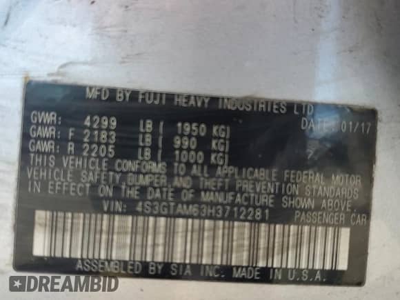 2017 Subaru Impreza Special Sports with VIN 4S3GTAM63H3712281, listed as a Copart auction lot 61845515 with 118,132 mi miles and Salvage title. Bid and sale history available at DreamBid. Image 13.