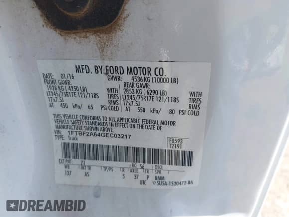 2016 Ford F-250 XL с VIN 1FTBF2A64GEC03217, выставлен на аукционе IAAI как лот 42048197 с пробегом 190 911 миль миль и . История ставок и продаж доступна на DreamBid. Изображение 9.