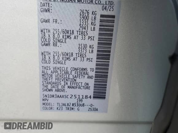 2025 Nissan Pathfinder S z VIN 5N1DR3AAXSC251184, wystawiony jako Copart lot #68767425 z przebiegiem 5 232 mil mil oraz Szkoda całkowita • Salvage title. Historia ofert i sprzedaży dostępna na DreamBid. Obrazek 14.