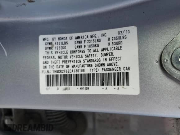 2013 Honda Accord EX-L with VIN 1HGCR2F82DA136109, listed as a Copart auction lot 82430815 with 271,502 mi miles and Salvage title. Bid and sale history available at DreamBid. Image 12.