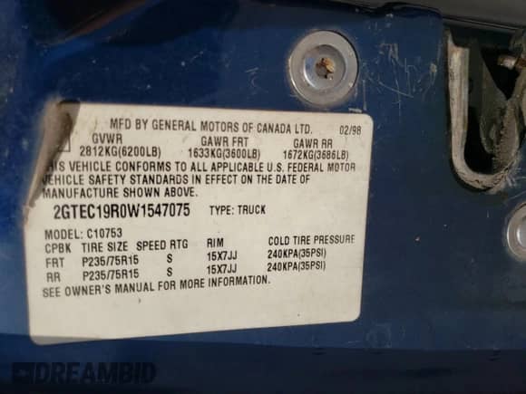 1998 GMC Sierra 1500 с VIN 2GTEC19R0W1547075, выставлен на аукционе Copart как лот 46464865 с пробегом 209 425 миль миль и Списание • Salvage title. История ставок и продаж доступна на DreamBid. Изображение 12.