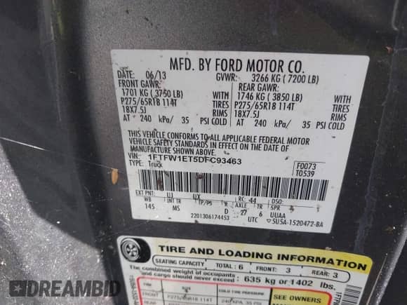 2013 Ford F-150 Lariat with VIN 1FTFW1ET5DFC93463, listed as a IAAI auction lot 43182949 with 133,397 mi miles and . Bid and sale history available at DreamBid. Image 9.
