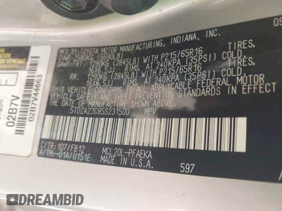 2005 Toyota Sienna CE с VIN 5TDZA23C85S231500, выставлен на аукционе IAAI как лот 43145656 с пробегом 277 711 миль миль и . История ставок и продаж доступна на DreamBid. Изображение 9.