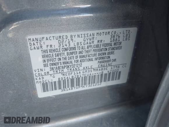 2019 Nissan Sentra SV z VIN 3N1AB7AP9KY321212, wystawiony jako IAAI lot #43487698 z przebiegiem 186 743 mil mil oraz . Historia ofert i sprzedaży dostępna na DreamBid. Obrazek 9.