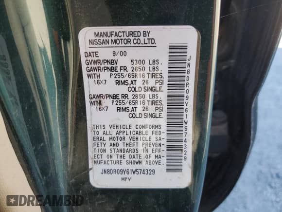 2001 Nissan Pathfinder LE с VIN JN8DR09Y61W574329, выставлен на аукционе Copart как лот 86867374 с пробегом 140 321 миль миль и Чистый • Clean title. История ставок и продаж доступна на DreamBid. Изображение 13.