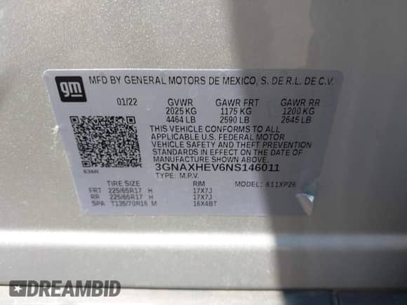 2022 Chevrolet Equinox LS z VIN 3GNAXHEV6NS146011, wystawiony jako IAAI lot #42966139 z przebiegiem 45 459 mil mil oraz . Historia ofert i sprzedaży dostępna na DreamBid. Obrazek 9.