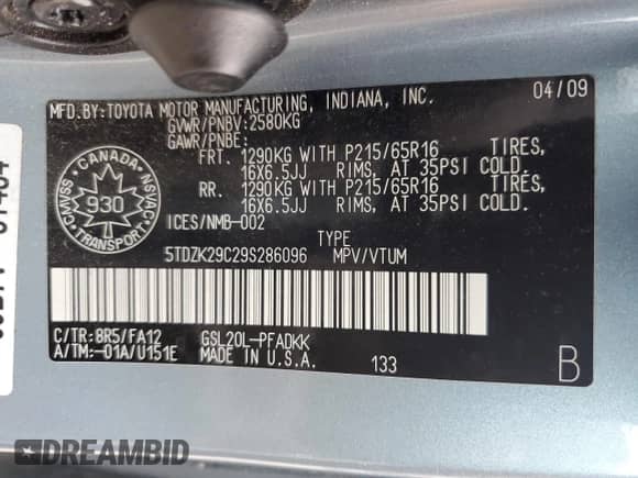 2009 Toyota Sienna CE с VIN 5TDZK29C29S286096, выставлен на аукционе Copart как лот 87053585 с пробегом 209 206 миль миль и Чистый • Clean title. История ставок и продаж доступна на DreamBid. Изображение 13.