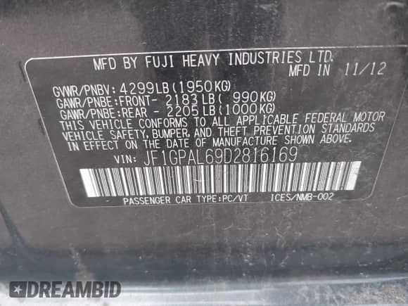 2013 Subaru Impreza Special Sports Premium z VIN JF1GPAL69D2816169, wystawiony jako IAAI lot #43005686 z przebiegiem 143 075 mil mil oraz . Historia ofert i sprzedaży dostępna na DreamBid. Obrazek 9.