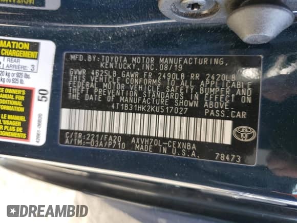 2019 Toyota Camry Hybrid LE с VIN 4T1B31HK2KU517027, выставлен на аукционе Copart как лот 85885055 с пробегом 84 432 миль миль и Списание • Salvage title. История ставок и продаж доступна на DreamBid. Изображение 12.