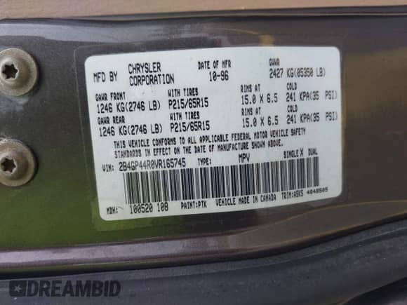 1997 Dodge Caravan SE с VIN 2B4GP44R0VR165745, выставлен на аукционе IAAI как лот 42925394 с пробегом 171 398 миль миль и . История ставок и продаж доступна на DreamBid. Изображение 9.