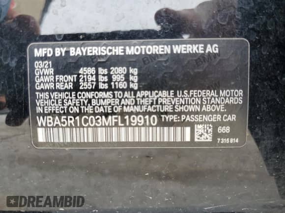 2021 BMW 3 Series 330i с VIN WBA5R1C03MFL19910, выставлен на аукционе Copart как лот 82042375 с пробегом 39 020 миль миль и Чистый • Clean title. История ставок и продаж доступна на DreamBid. Изображение 12.