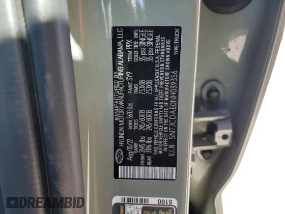 2022 Hyundai Santa Cruz SEL с VIN 5NTJCDAE0NH039356, выставлен на аукционе Copart как лот 76769524 с пробегом 17 247 миль миль и Списание • Salvage title. История ставок и продаж доступна на DreamBid. Изображение 13.