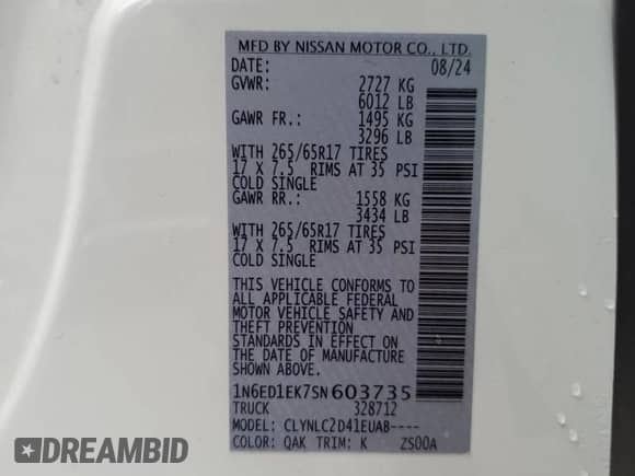 2025 Nissan Frontier Pro-4X z VIN 1N6ED1EK7SN603735, wystawiony jako Copart lot #80461395 z przebiegiem 8 014 mil mil oraz Szkoda całkowita • Salvage title. Historia ofert i sprzedaży dostępna na DreamBid. Obrazek 12.