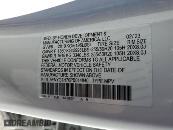 2023 Honda Pilot Touring с VIN 5FNYG1H70PB014840, выставлен на аукционе Copart как лот 85300455 с пробегом 32 981 миль миль и Списание • Salvage title. История ставок и продаж доступна на DreamBid. Изображение 13.