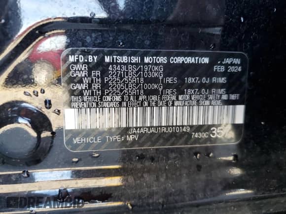 2024 Mitsubishi Outlander S с VIN JA4ARUAU1RU010149, выставлен на аукционе Copart как лот 87214045 с пробегом 46 072 миль миль и На запчасти • Non repairable. История ставок и продаж доступна на DreamBid. Изображение 14.