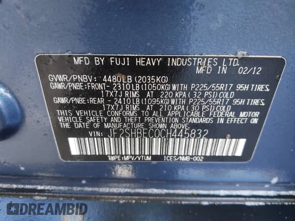 2012 Subaru Forester X Limited z VIN JF2SHBEC0CH445832, wystawiony jako IAAI lot #41535078 z przebiegiem 101 977 mil mil oraz . Historia ofert i sprzedaży dostępna na DreamBid. Obrazek 9.