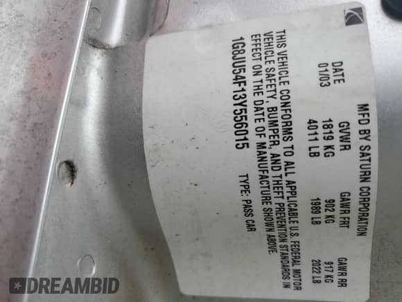 2003 Saturn LS с VIN 1G8JU54F13Y556015, выставлен на аукционе Copart как лот 67447604 с пробегом Не указан миль и Списание • Salvage title. История ставок и продаж доступна на DreamBid. Изображение 14.