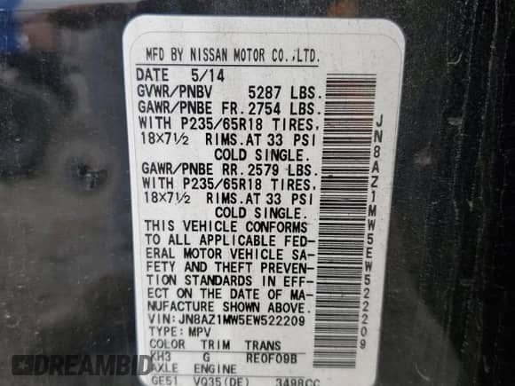 2014 Nissan Murano SV z VIN JN8AZ1MW5EW522209, wystawiony jako Copart lot #68947235 z przebiegiem 114 794 mil mil oraz Szkoda całkowita • Salvage title. Historia ofert i sprzedaży dostępna na DreamBid. Obrazek 13.