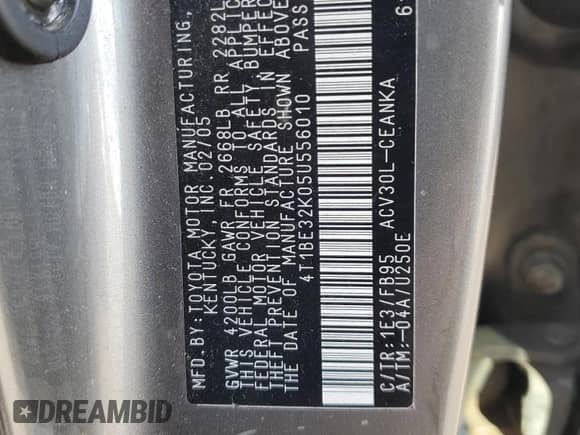 2005 Toyota Camry LE with VIN 4T1BE32K05U556010, listed as a Copart auction lot 82381835 with 210,797 mi miles and Salvage title. Bid and sale history available at DreamBid. Image 12.