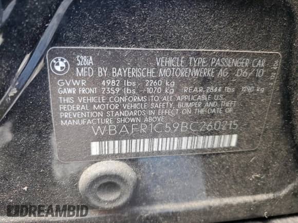 2011 BMW 5 Series 528i с VIN WBAFR1C59BC260215, выставлен на аукционе Copart как лот 86254795 с пробегом Не указан миль и Чистый • Clean title. История ставок и продаж доступна на DreamBid. Изображение 12.