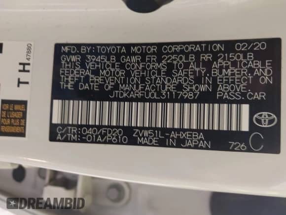 2020 Toyota Prius L Eco с VIN JTDKARFU0L3117987, выставлен на аукционе IAAI как лот 43144394 с пробегом 68 756 миль миль и . История ставок и продаж доступна на DreamBid. Изображение 9.