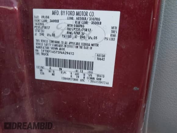 2005 Ford F-150 XL with VIN 1FTRF14575NA29412, listed as a IAAI auction lot 42814520 with 211,997 mi miles and . Bid and sale history available at DreamBid. Image 9.