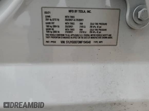 2021 Tesla Model Y Performance with VIN 5YJYGDEF3MF194548, listed as a Copart auction lot 86505535 with 44,671 mi miles and Salvage title. Bid and sale history available at DreamBid. Image 12.